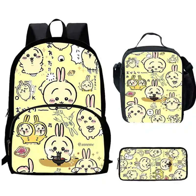 Cartoon Chiikawa Child Backpack with Front Pocket,Lunch Bags,Pencil Bags for Aged 5-10 Cartoon Backpack Boys Girls,Best Gift