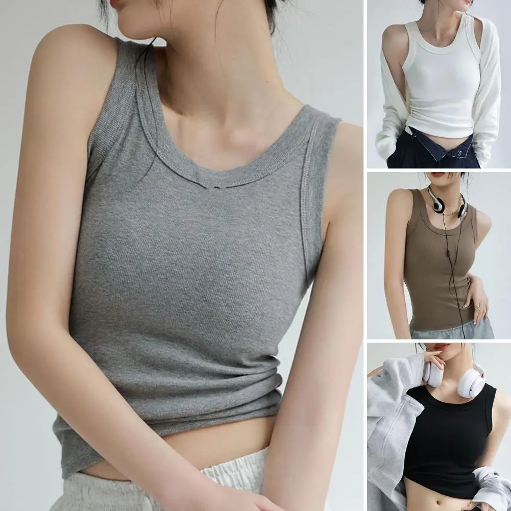 Slim Fit Vest Stylish Women's Summer Tank Tops with Pad Slim Fit O-neck Sleeveless Vest High Elastic Pullover for A Chic Look