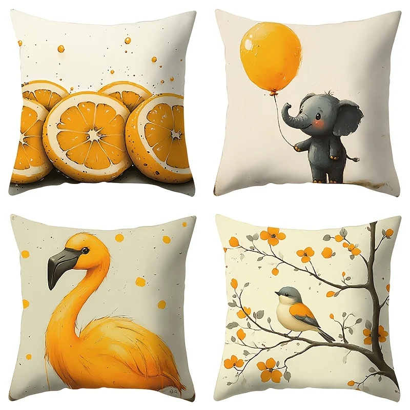 Cute Decorative Pillowcase Set for Living Room Boho Print Cushion Cover Boho Animals Nature Food Art 40x40cm 4pcs