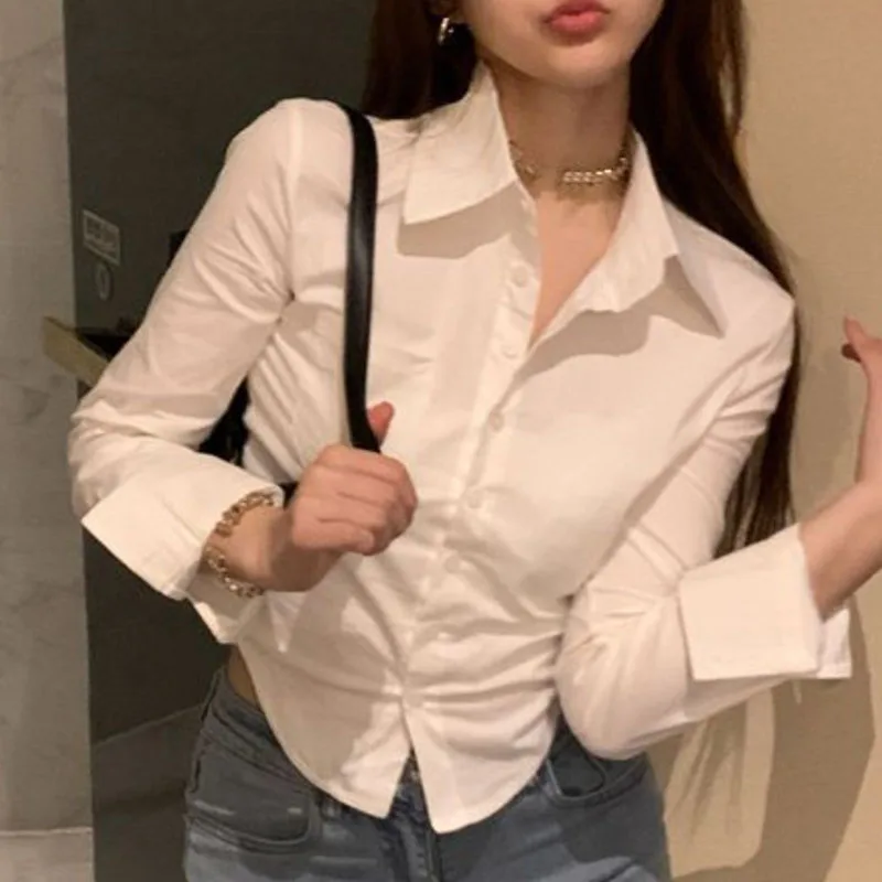 Sexy Slim Cropped White Shirt Women Korean Long Sleeve Sweet Blouse Casual Fashion All Match Streetwear Female Design Tops New