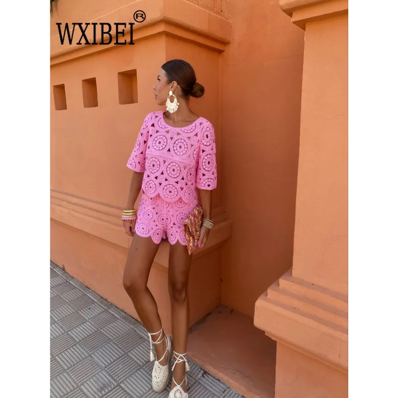 

WXIBEI New Crochet Hook Flower Hollow Loose Shorts Set Women Casual O Neck Short Sleeves Tee Suit Summer Short Suits 2024 ALH093