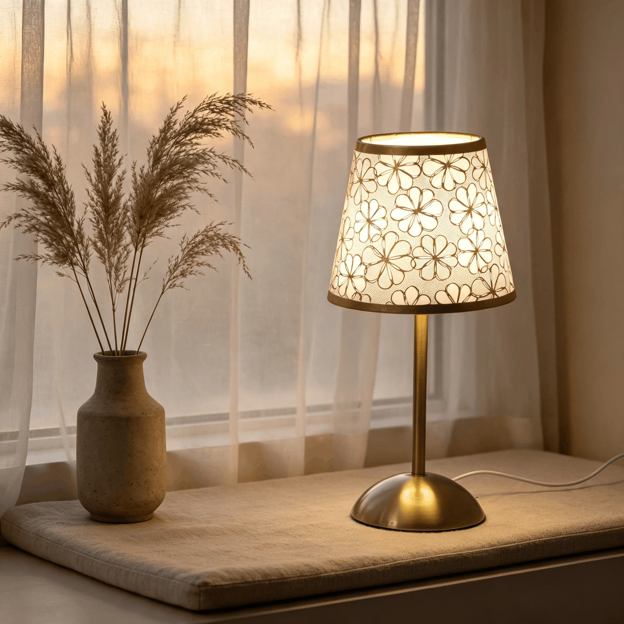 Vintage Floral Table Lamp with Gold Metal Base USB Bedside Hollow Flower Fabric Shade Aesthetic Decor Night Light