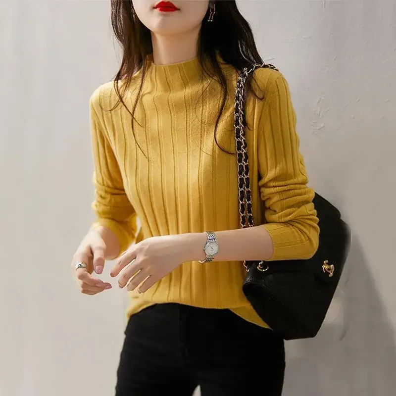 

Мягкий уютный трикотаж с высоким воротом для женщин, весна-осень, новый стиль, свободная тонкая базовая рубашка с длинными рукавами, внутренняя одежда, футболка, топ