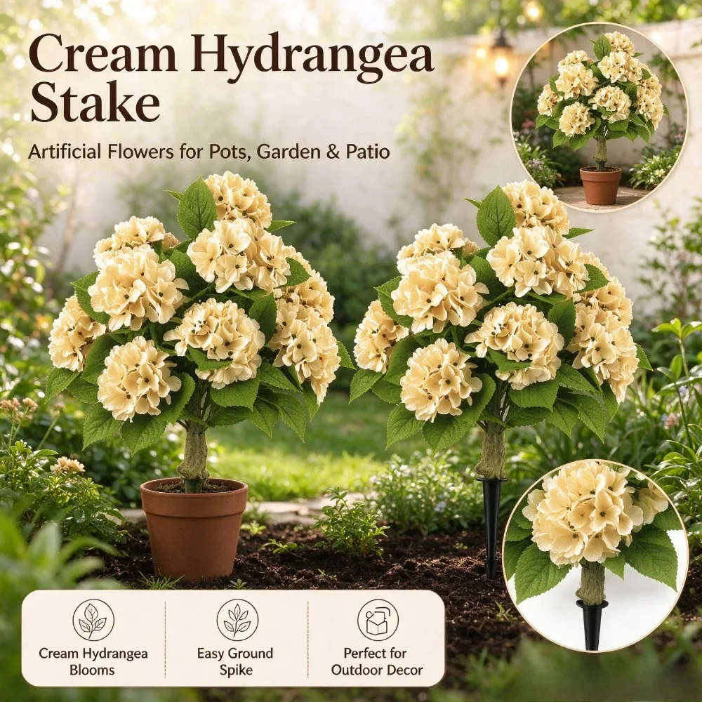 2 unidades de árboles en maceta con flores de hortensia artificiales, flores de seda de tacto real, aspecto completo, decoración para porche, entrada de casa de campo, beige, para exteriores.