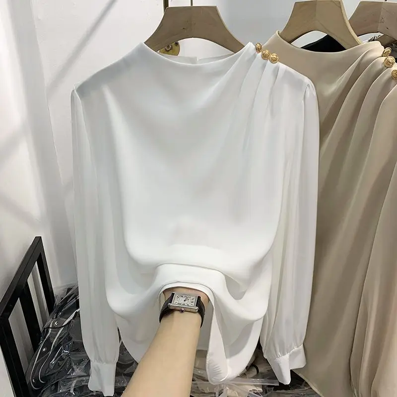 Elegant Style Long Sleeve Women's Shirt Thin Chiffon Pullover Neck Design Pure Color Shoulder Button Spring New Arrival