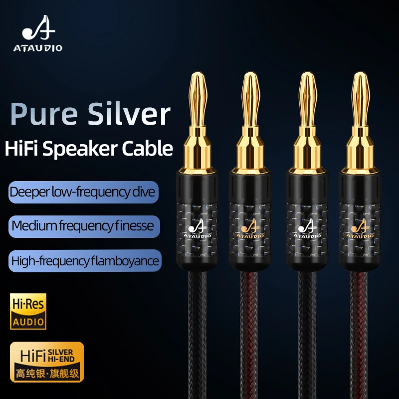 ATAUDIO Speaker Cable Hi-End HiFi Audio Cable Pure Silver Speaker Wire With Replaceable Banana Y Plugs For HiFi System Amplifier