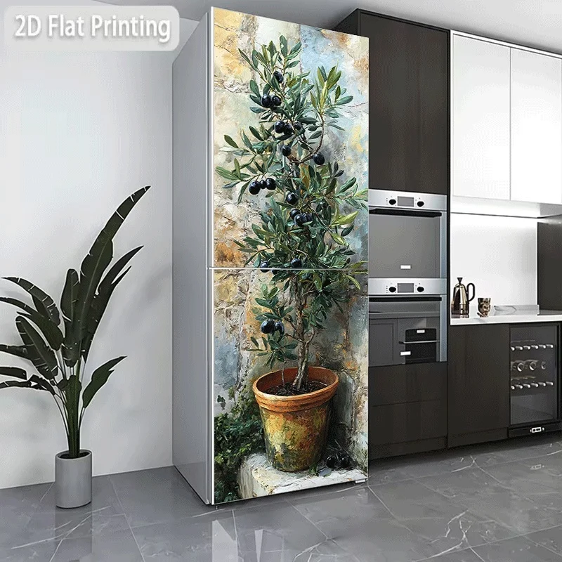 [2D Pattern Printing] Refrigerator Sticker [60X180 Cm] Refrigerator Dishwasher Sticker Ceramic Pot Olive Tree Wall Corner Plan