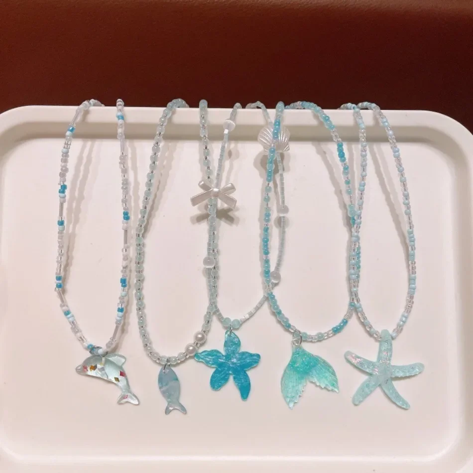 Sparkly Bohemian Ocean Shell Starfish Beaded Kids Necklace Mermaid Pendant Children Jewelry Girls Summer Beach Accessories ZX07