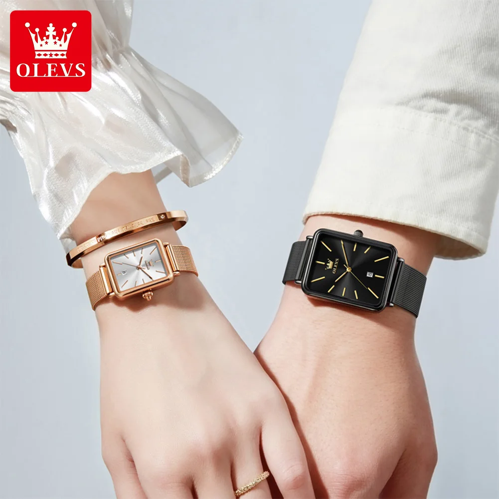 OLEVS 3692 Couple Watches Original Fashion Brand Waterproof Luminous Square Quartz Mesh Belt Date Watch Design For Daily