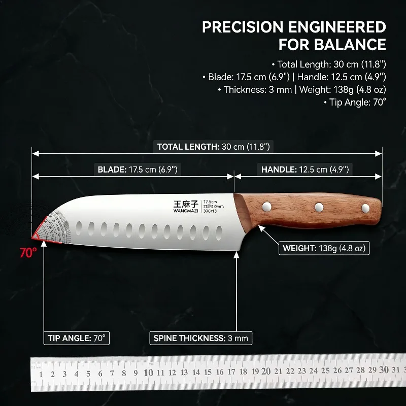 7 Inch Chef Santoku Knife-High-Strength Stainless Steel Multipurpose Kitchen Knife with Wood Handle for Slicing&Chopping Cooking