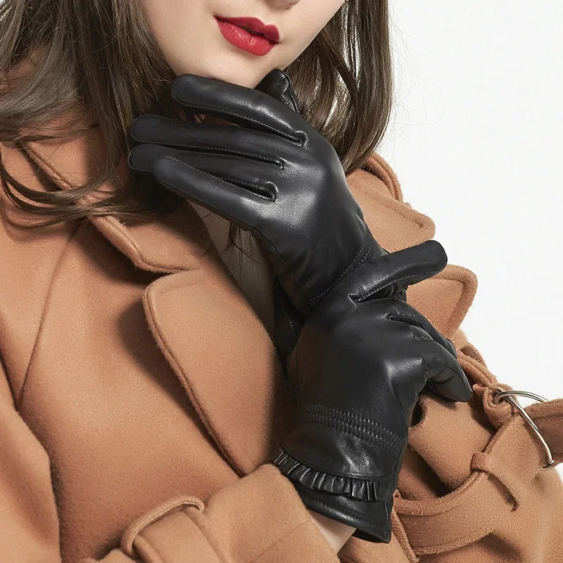 X6190  Women's Leather Gloves Sheepskin Gloves Ruffled Decorative Leather Gloves Processing