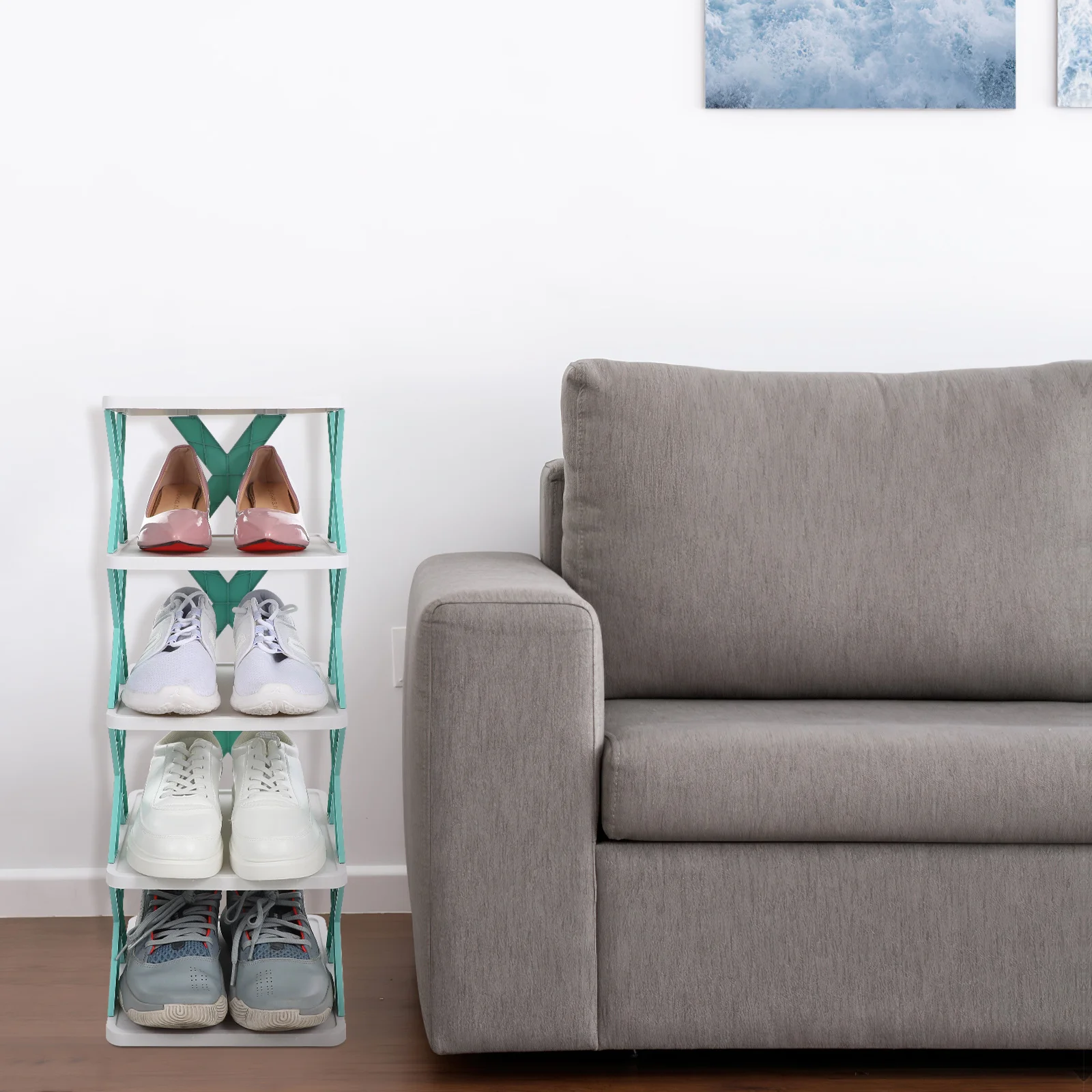 

Shoe -Shaped Stylish Stackable Shoe Organizer Multi-Tier Storage Shelf for Corner Door Bedroom Small Apartment