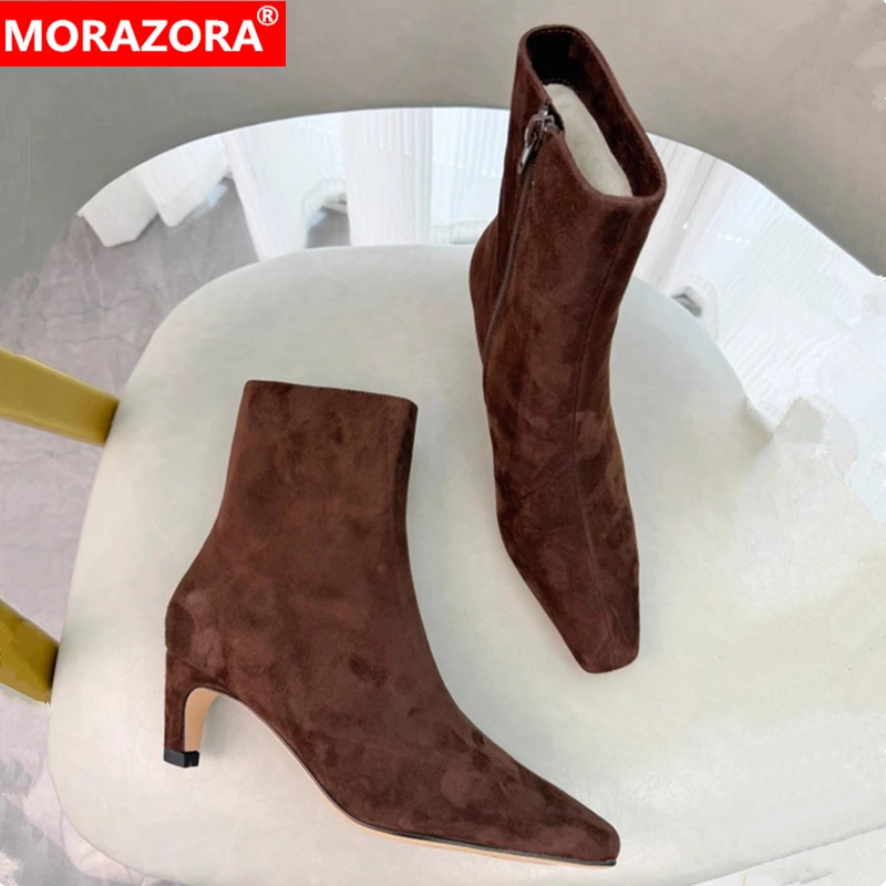 

MORAZORA Big Size 34-42 New Suede Leather Winter Boots High Heels Fashion Ankle Boots Handmade Warm Snow Boots For Women Shoes