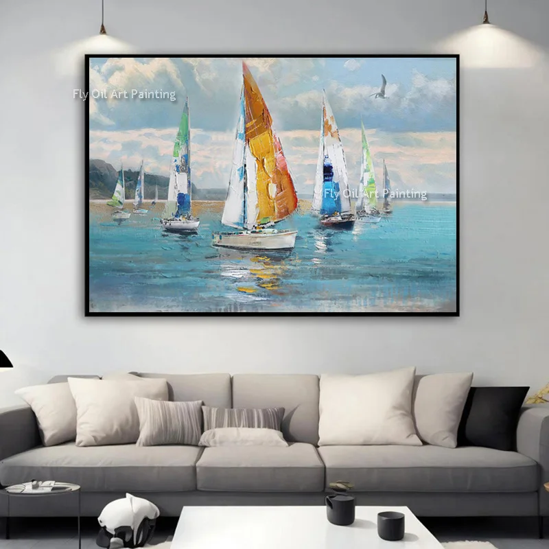 Handpainted Modern Blue And White Seascape Wall Art Fleets On The Sea View Canvas Oil Painting For Living Room Decor As Gifts