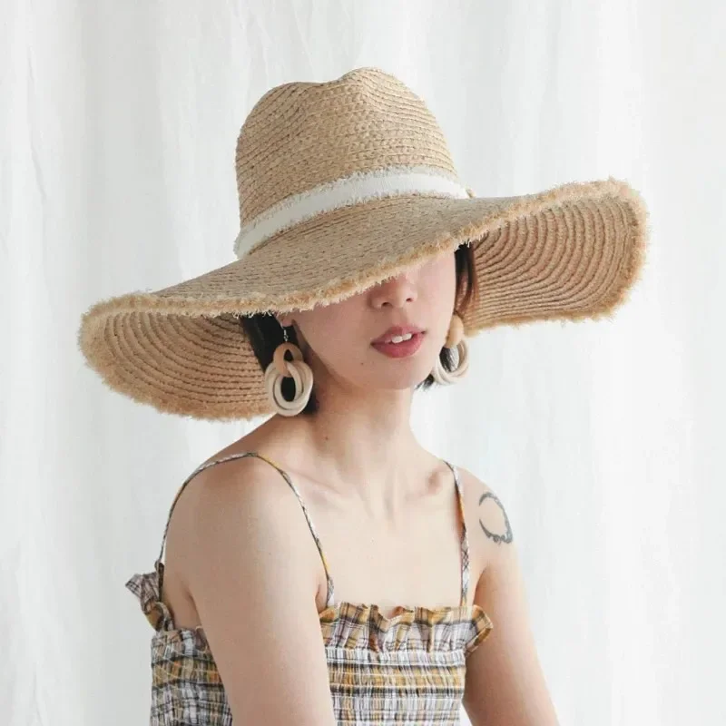 Women's Premium Sense Natural Raffia Straw Hat Large Brim Sweet Fur Edge Sun Hat Breathable Comfort Beach Hat Travel Holiday Cap