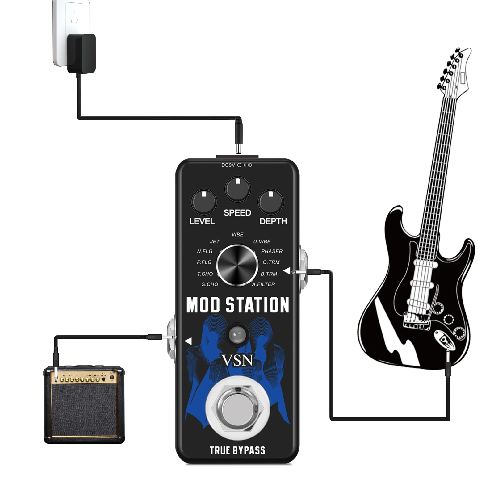 VSN Modulation Pedal for Electric Guitar Pedal Boards, 11 Effects Chorus Phaser Flanger Tremolo Vibroat Filter,11 Modulation Mod