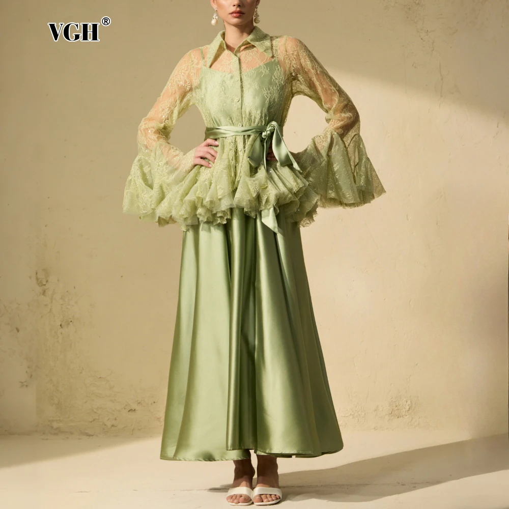 

VGH Solid Spliced Lace Two Piece Set Female Lapel Long Sleeve T Shirt Gentle Elegant Women's Long Skirt Sets Summer Fashion New