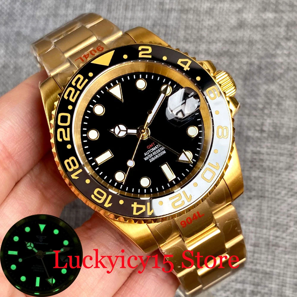 

Tandorio 200m Waterproof 120 Clicks Ceramic Bezel Black Dial Luminous GMT Automatic NH34A 40MM Gold Case Watch See Through Back