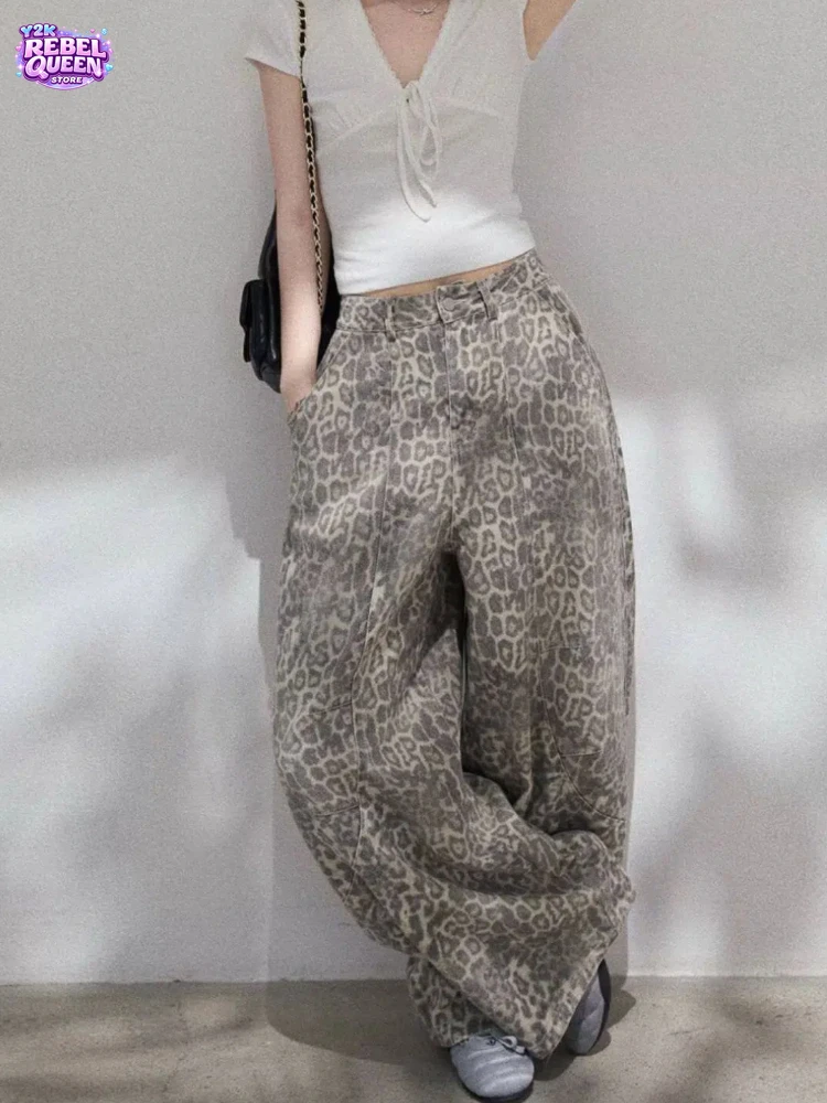

American Retro Leopard Print Denim Jeans Women Loose New High Waist Wide Leg Baggy Trousers Y2K Streetwear Casual Fashion Pants