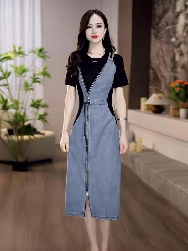 La Chapelle Faionable Denim Dr femmes été nouveau Design taille-collant jupe moulante taille haute a-ligne Midi Dr