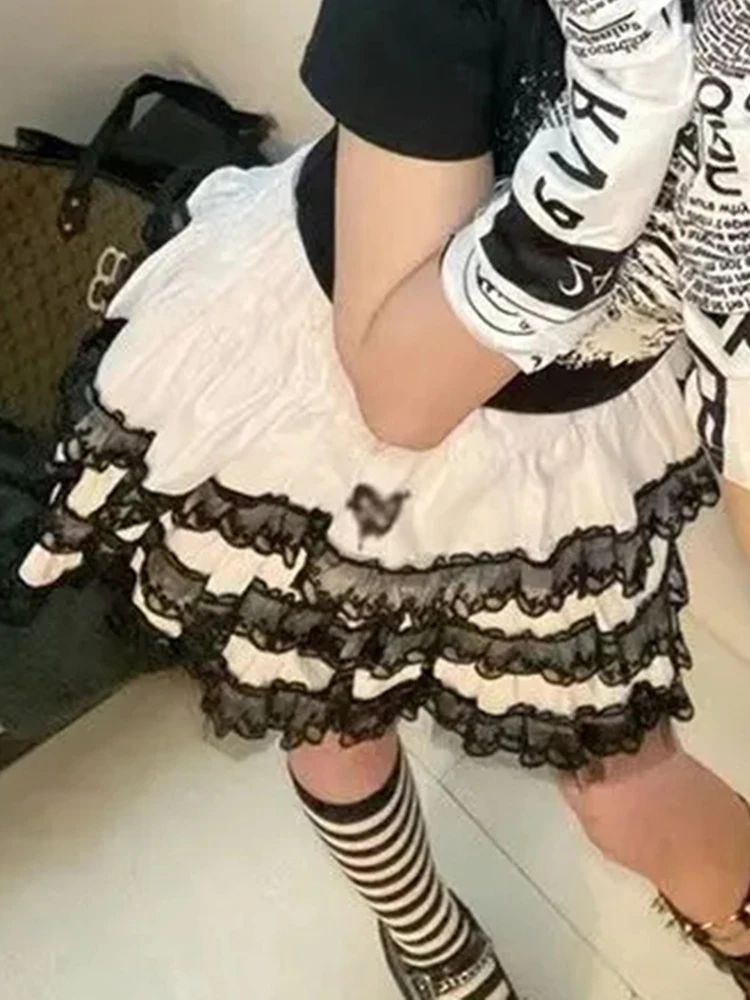 Jmprs Lace Patchwork Y2K Skirts Women High Waist Streetwear Japan Mini Skirt Vintage Harajuku Loose Female Design Cake Skirt New