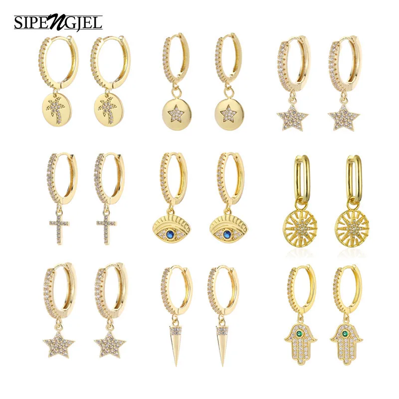 SIPENGJEL Fashion Zircon Star Moon Pendant Hoop Earrings for Women Man Gold Color Dangle Earrings Wedding Jewelry Gift pendants