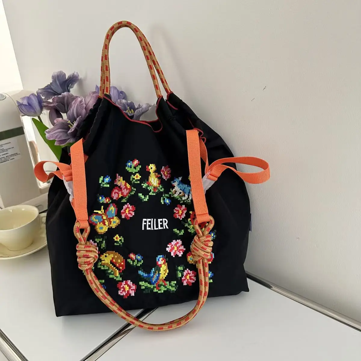 Draw String Hand Bag Oxford Cloth Embroidery Tote Reuseable Nylon Bag Portable Shoulder Bag Korea Bag Foldable Bag Embroidery