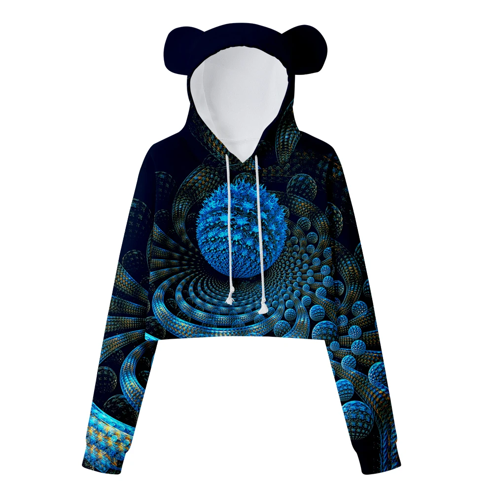 bear ears cropped sweatshirt women's sweater cropped sweatshirt sexy Fashion hoodie sportswear trend fractal art