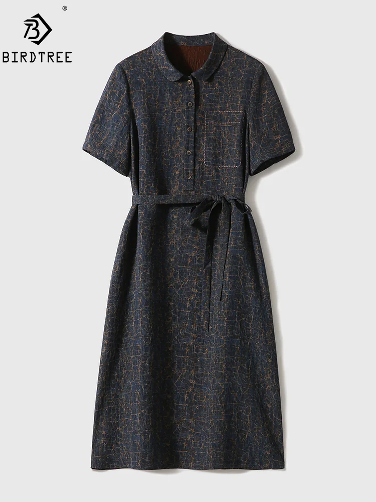 

BirdTree, 100%Mulberry Silk Elegant Dress, Women Short Sleeve Jacquard A-Line, Vintage Commute OL Dresses, Summer Fall D48459QM