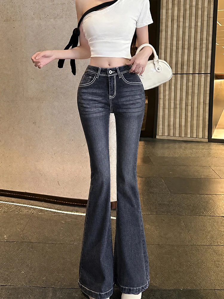 Low Waist Embroidered Denim Jeans Women's Vintage Washed Line Design Sexy Hip Enhancing Bootcut Pants Comfortable Breathable