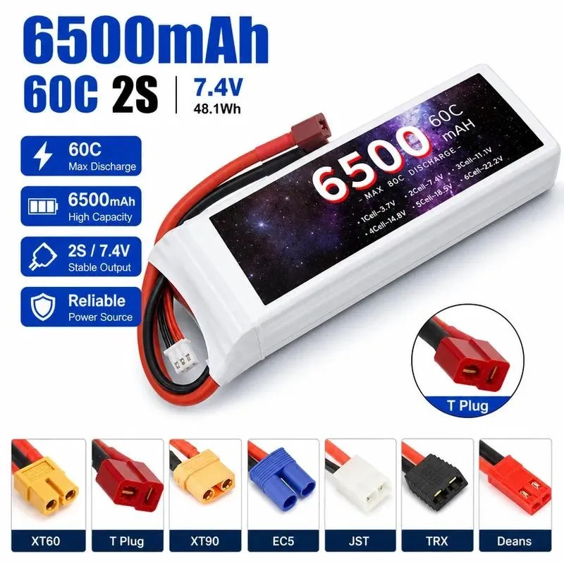 6500mAh 7.4V 2S 60C Lithium Battery for RC Aircraft UAV Helicopter Car Boat Model High Discharge Power Pack