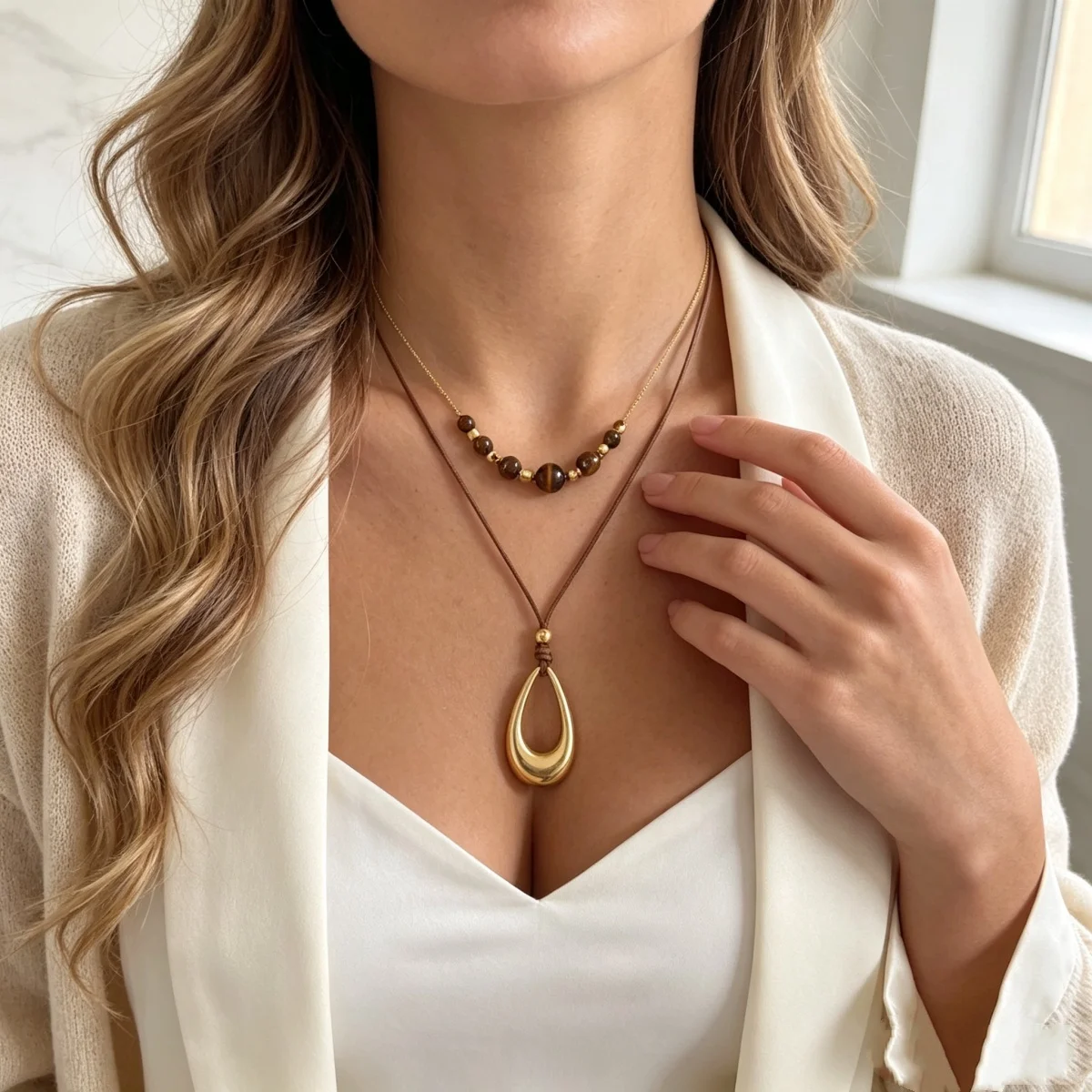 Vintage Einfache Tigerauge-Stein Wassertropfen-Anhänger Halskette für Frauen Männer Hohle Geometrische Tropfenform Lederseil Choker Schmuck – Detail 11