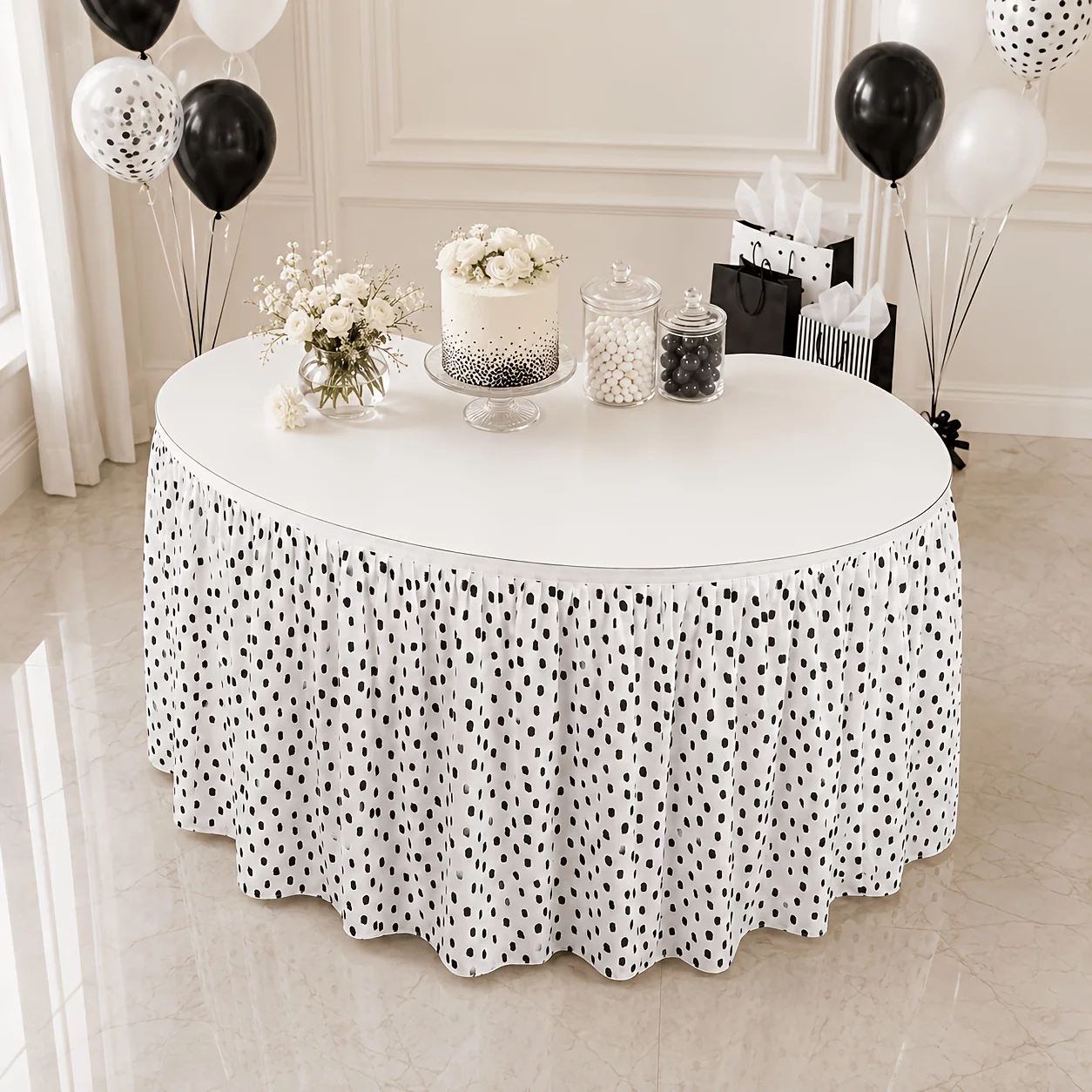 Black and white polka dot table skirt, classic mini polka dot printed stretch tablecloth, suitable for birthday partieszyc