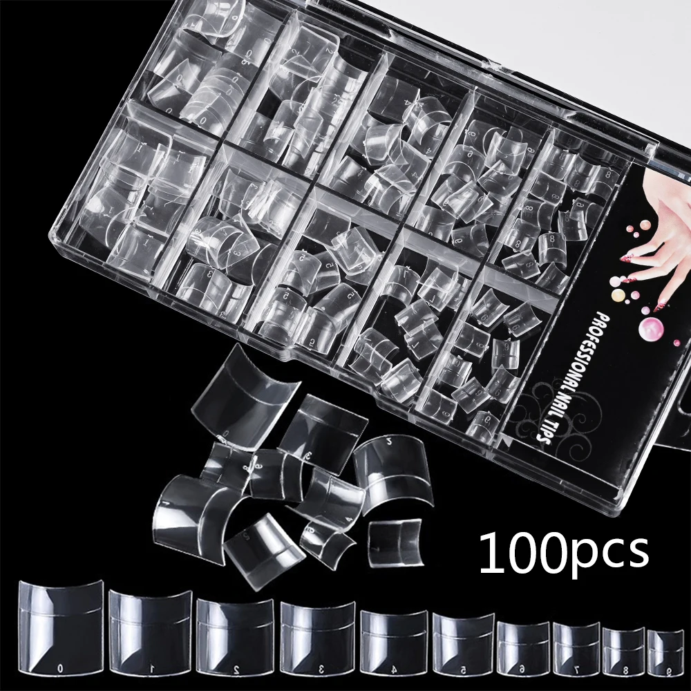 100個入り ショートスクエアフェイクネイルチップ クリアハーフカバーフレンチつけ爪 アクリル製装着可能プレスオンネイル マニキュアエクステンション用