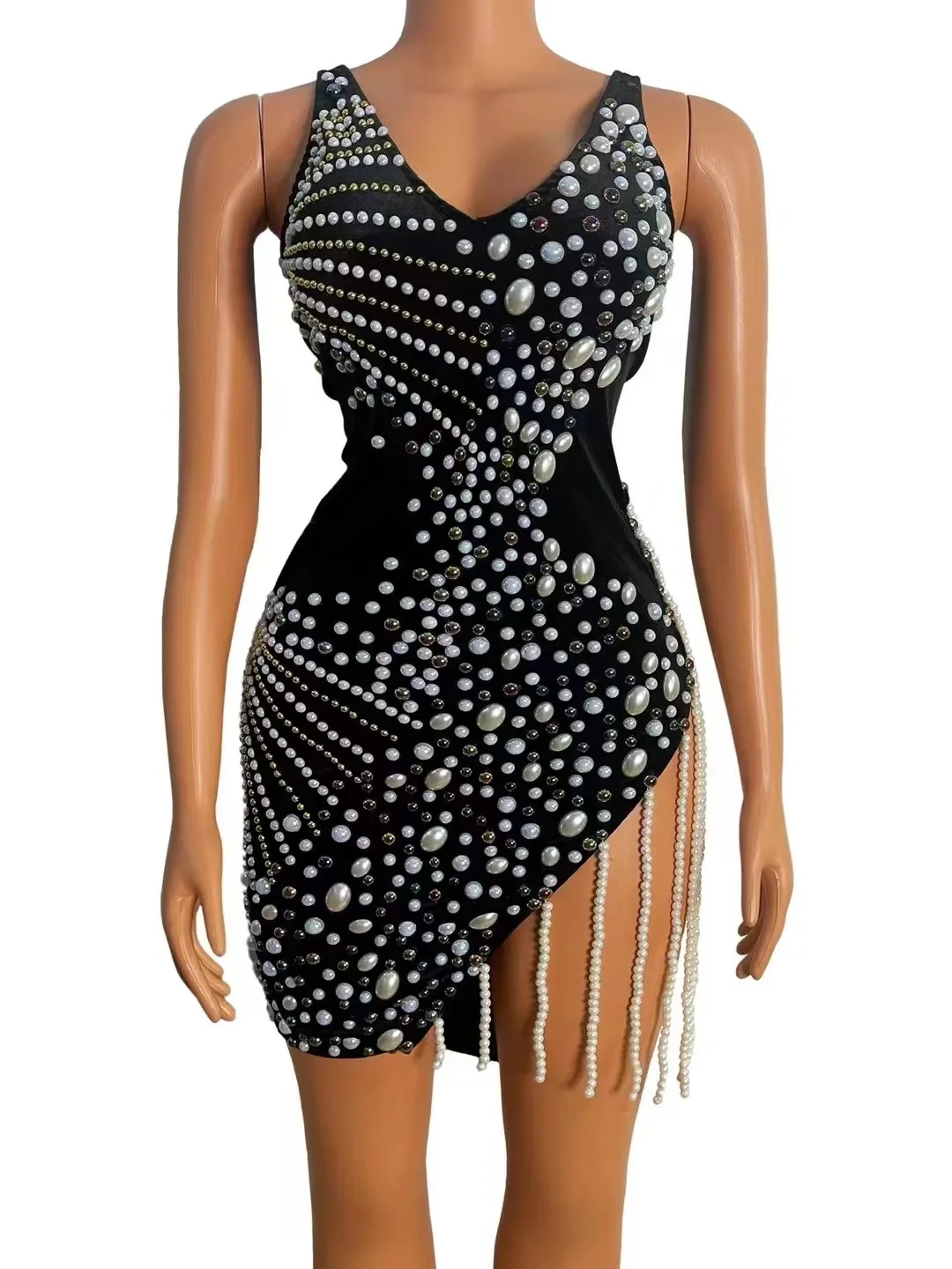 

AK costume nightclub bar girl velvet full diamond pearl slit tassel skirt singer hand model