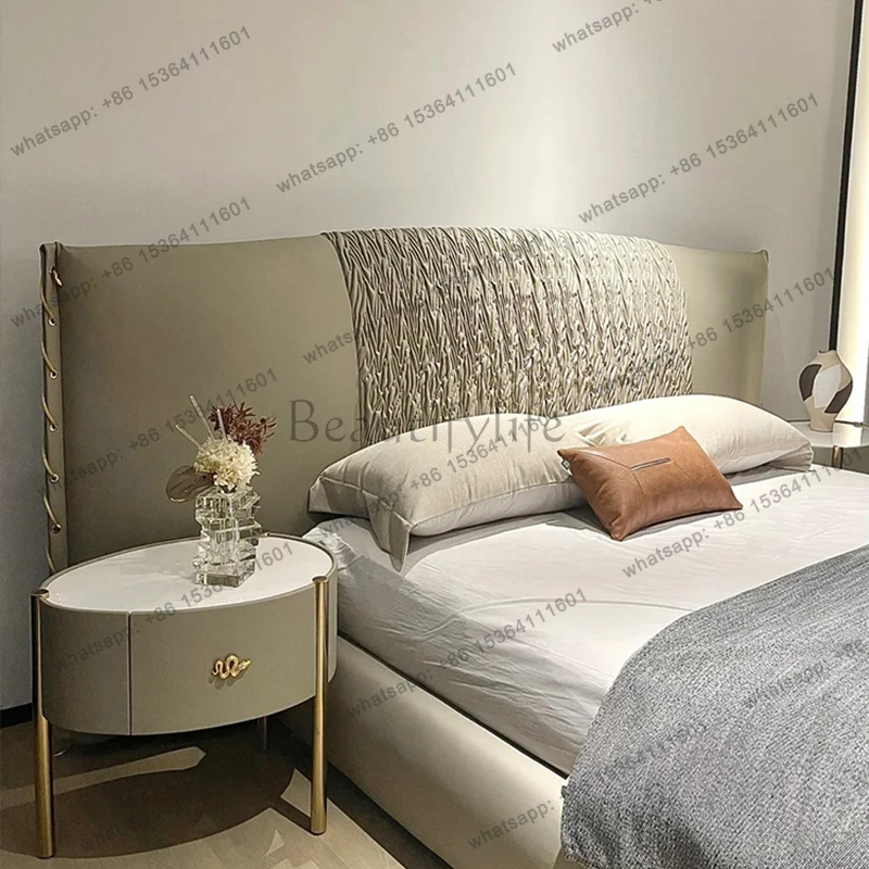 Customizable Luxury Upholstered Leather Double Bed With Textured Head Wedding Soft Bed Premium Bedroom Furniture