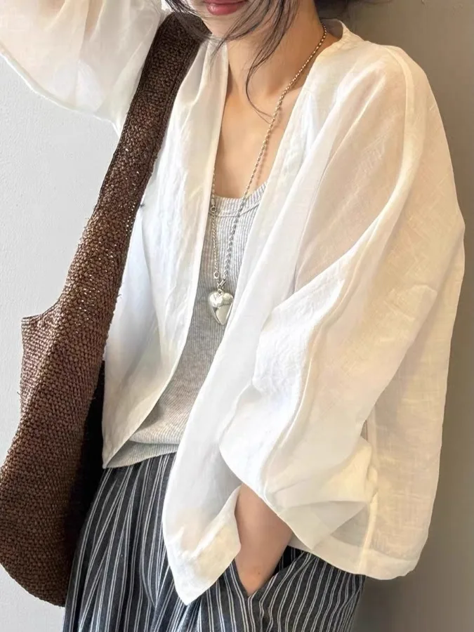 Retro linho branco longo sve irt jaet feminino verão artístico solto fino proteção solar topo v-ne comprimento regular cor