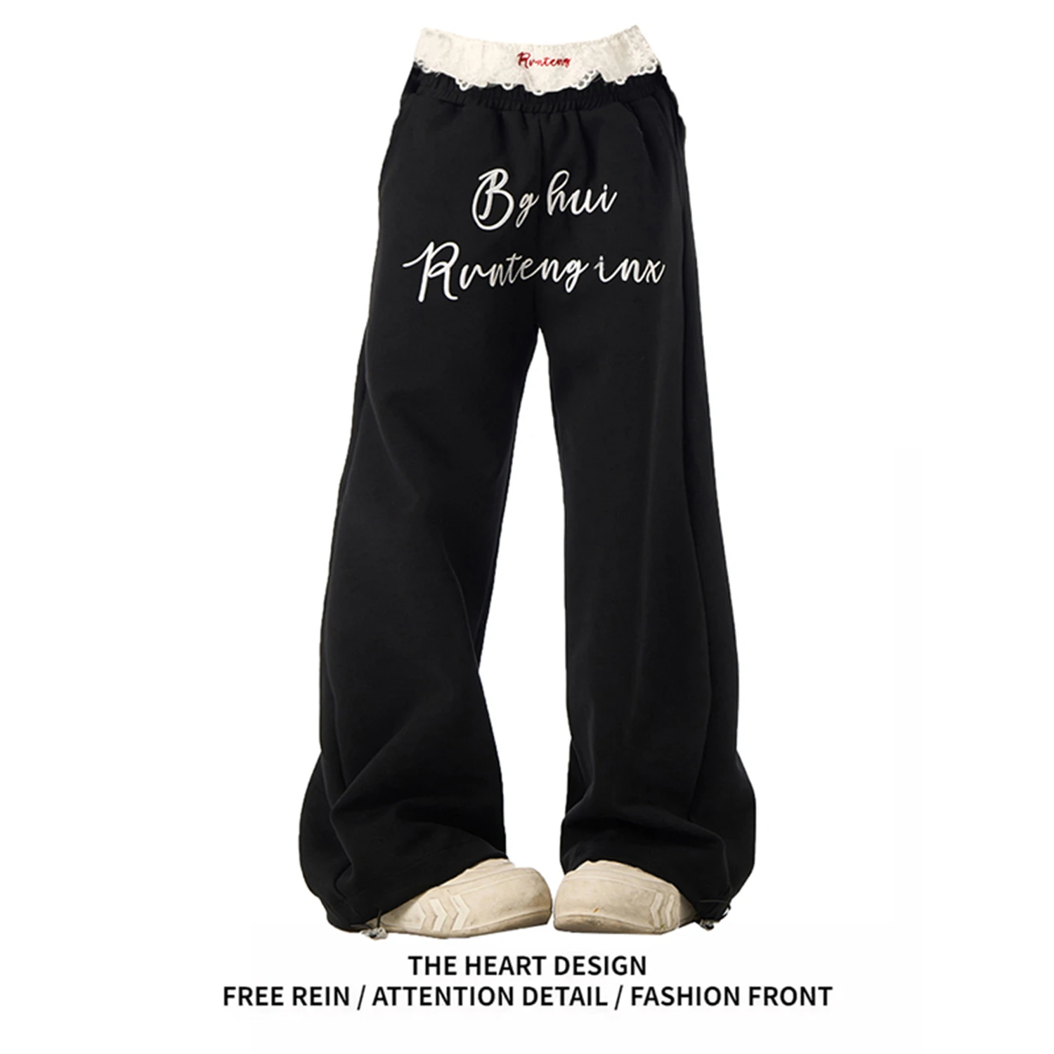 

Women's Y2K Lace Waist Wide Leg Pants Letter Print Baggy Streetwear Trousers Casual Loose Sweatpants