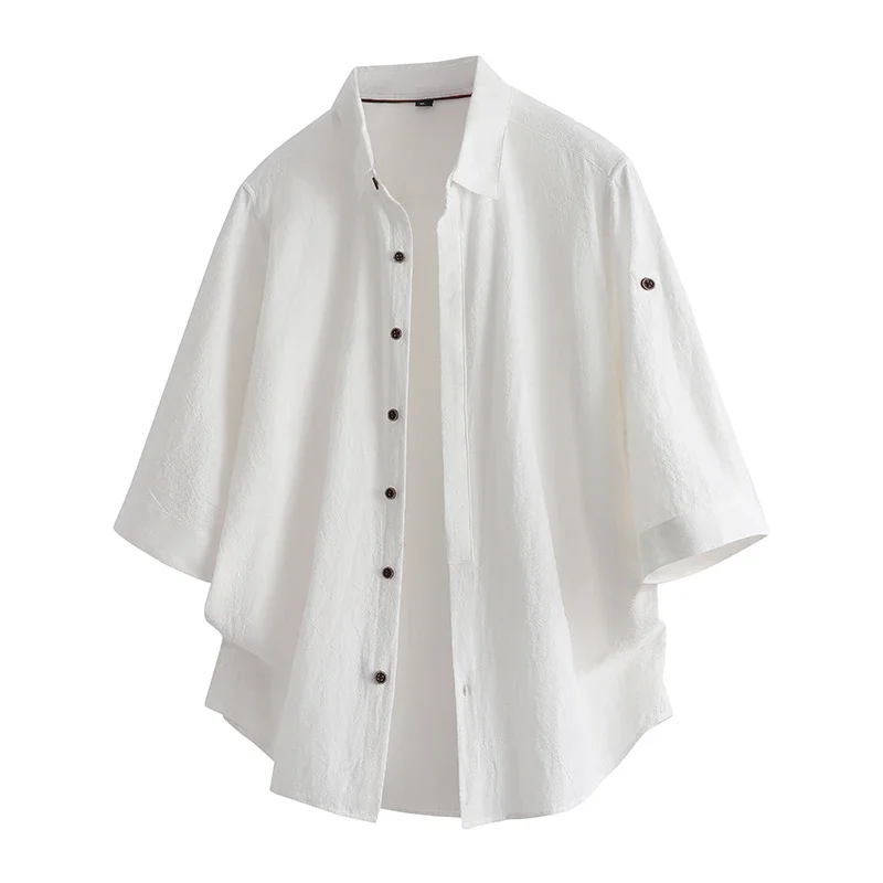 Casual Solid Men Turn-down Collar 3/4 Sleeve Shirt Lightweight Breathable Smooth Fabric Summer Versatile Button Down Shirts