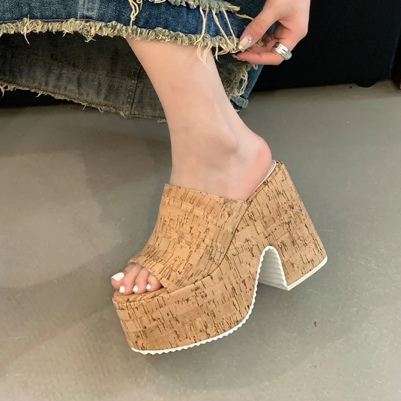 Female Shoes Slippers Heels Low Platform Slides Square heel 2024 High Summer Block Rubber PU Rome Fabric Super Hoof Female Shoes