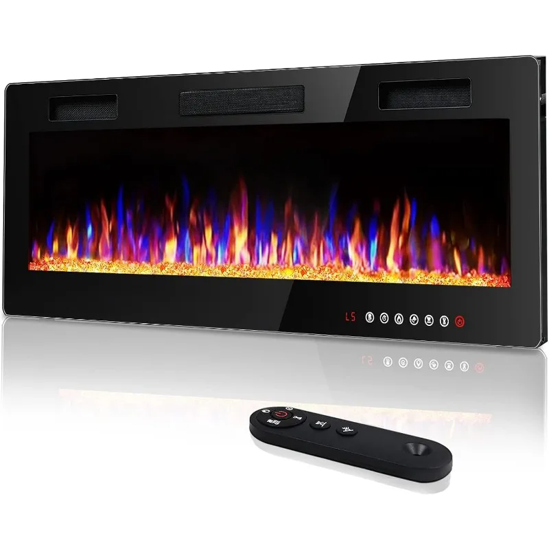 Cheminée Électrique Ultra Fine de 50 Pouces, Encastrable au Mur, Chauffage Linéaire avec Flamme Multicolore, 750/1500W