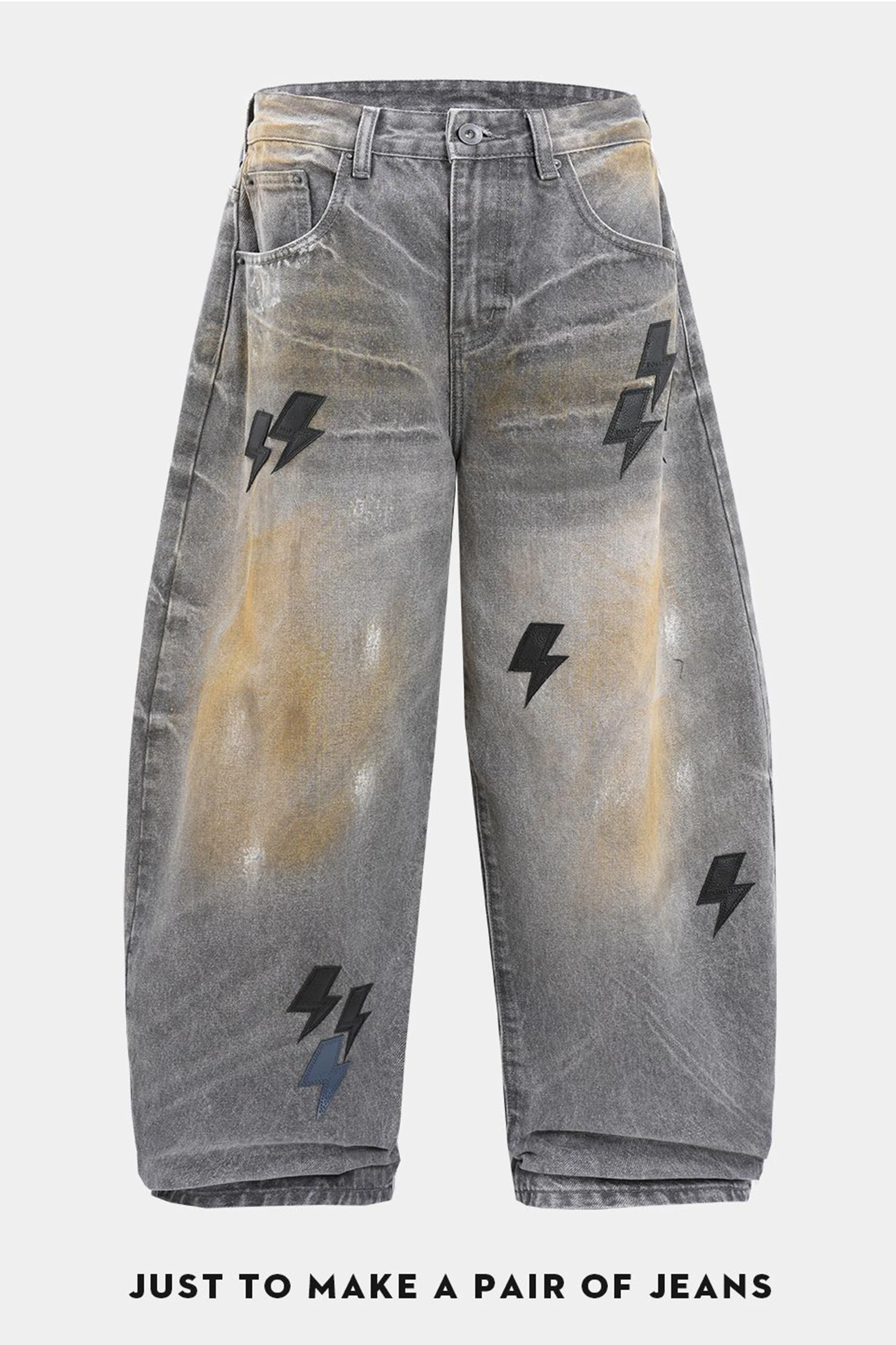 Lightning American Retro Jeans for Men, New Spring and Autumn Style with Leather Patches, Suitable for Parties, Washed Loose Straight High Street Long Pants