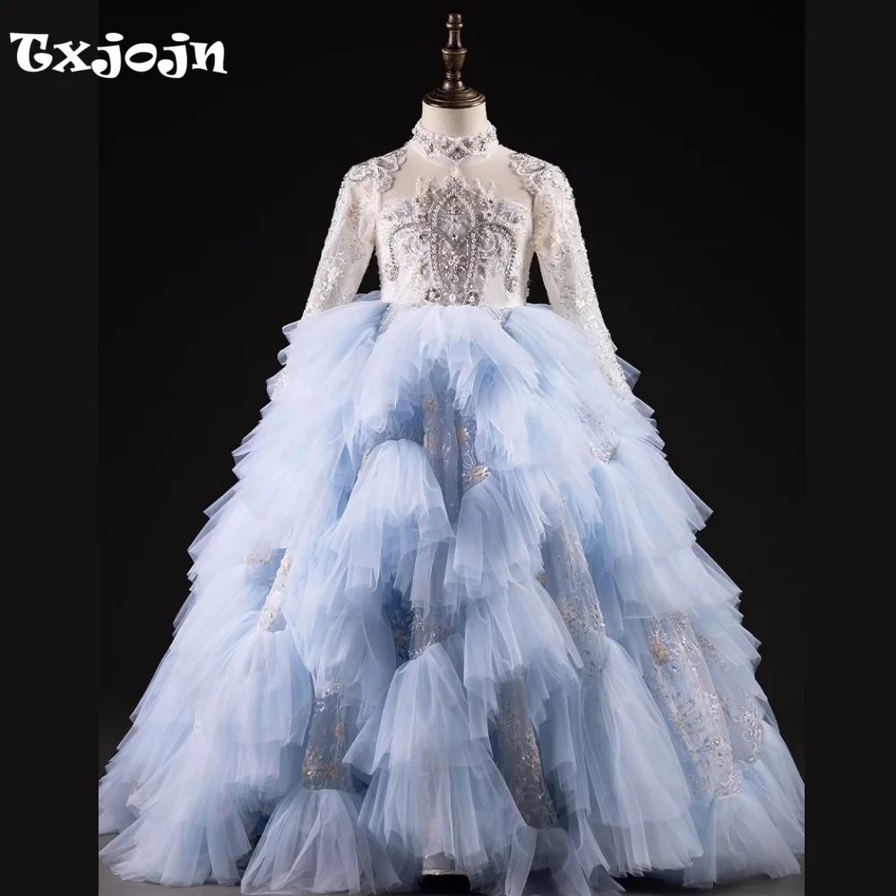 High-end Girl's Ball Gown Luxury Wedding Flower Girl New Mesh Princess Dress Toddler Teens Child Vestido Birthday Clothes 5-16Y