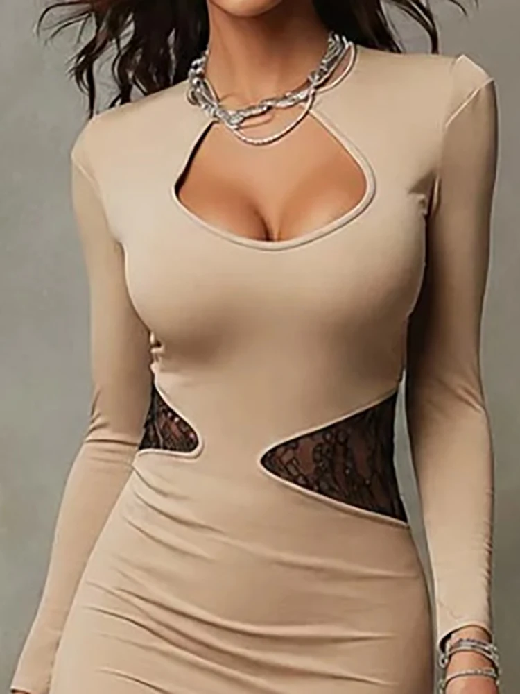 Elegant Patchwork Sheath Dress for Women Hollow Slim Long Sleeve O-Neck Party Dress Spring Autumn Holiday Fashion Ladies Dress