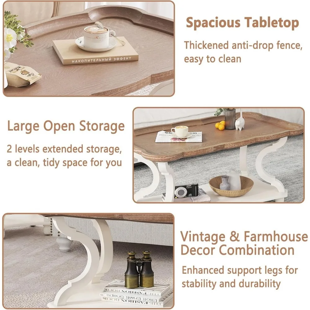 Farmhouse Coffee Table, Rustic White Cocktail Table with Storage Shelf, Sofa Table with Natural Tray Top and Carved Legs for Li