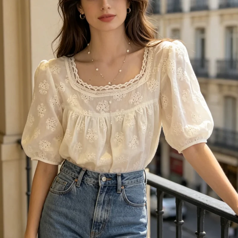 2026 Women Short Sleeve Shirts Summer New Fashion Blouse Elegant Square Collar Lace Tops Office Lady Clothes