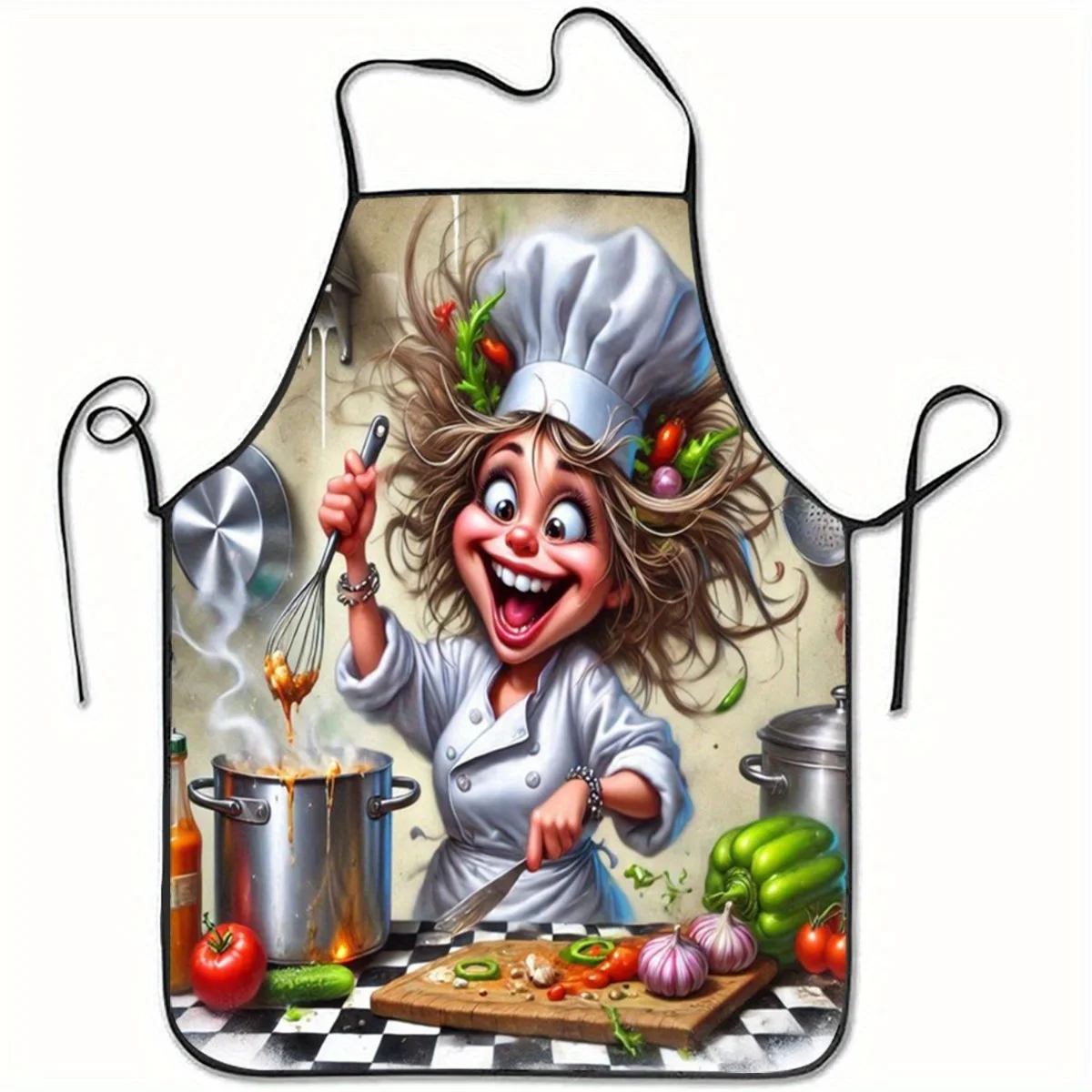 1PC Cute Smiling Chef Print Apron with French Chef Hat Desig Adjustable Kitchen Apron Durable Cooking Apparel for Baking Cooking