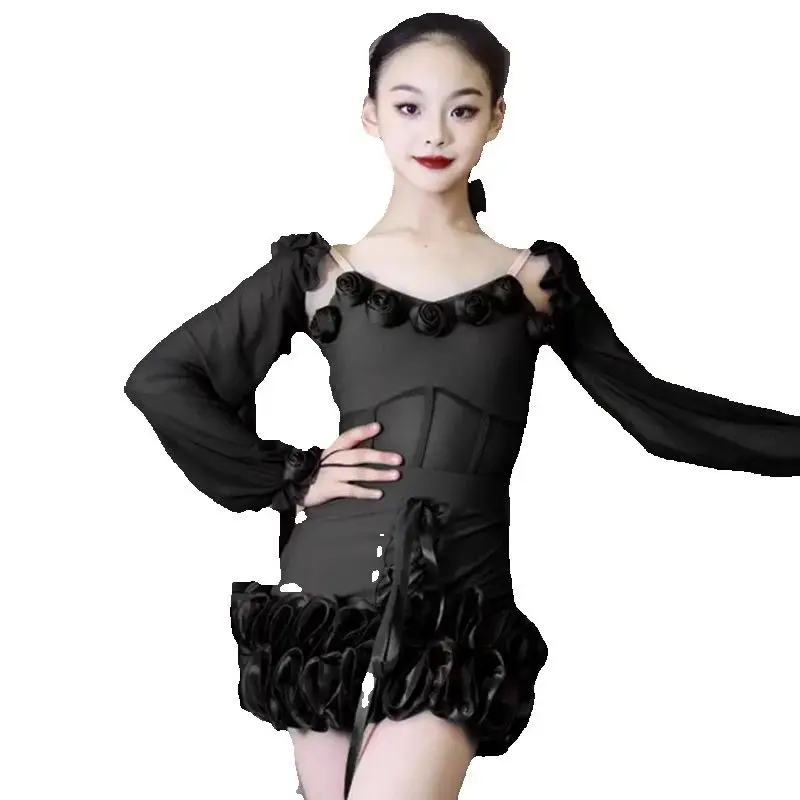 ชุดแข่งขันเต้นรำบอลรูมสำหรับเด็ก ชุดแสดงเต้นละตินสำหรับเด็กผู้หญิง แขนพอง ชุดเต้นละติน รุ่น SL14148