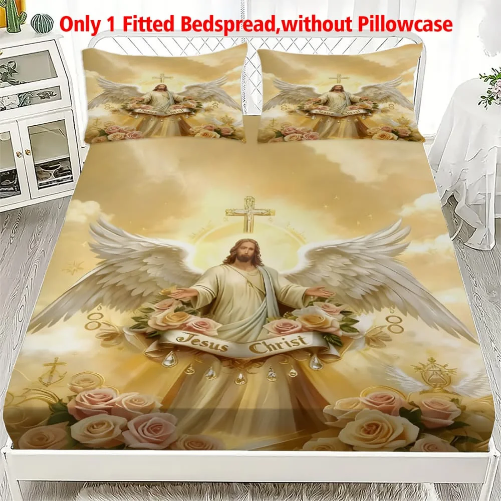 1pc Angelic Jesus Christ Print Fitted Sheet Deep Pocket Elastic Mattress Cover Single Double Queen King Bedroom Decor