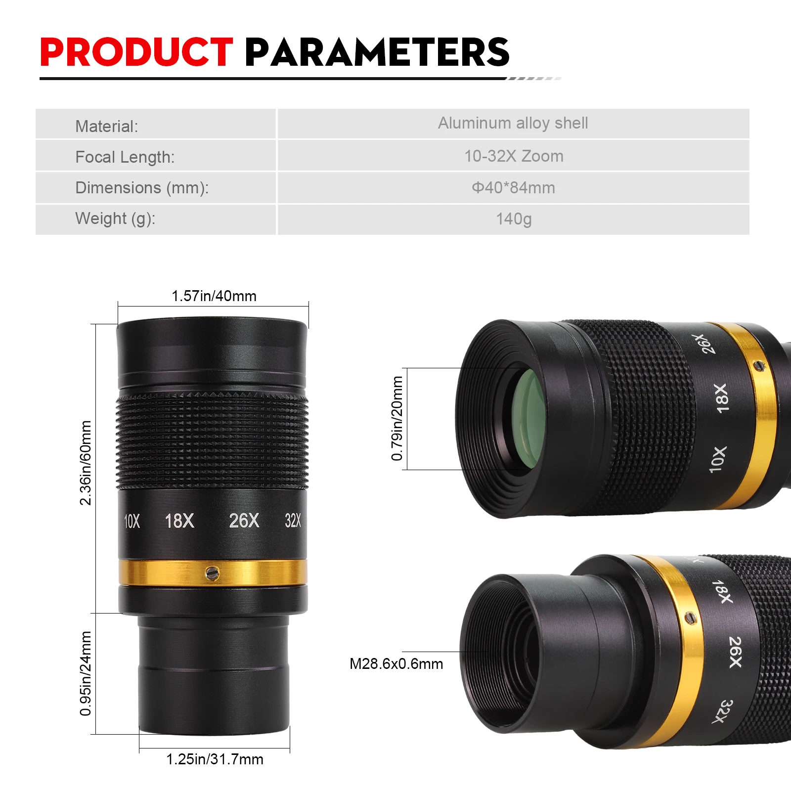 Datyson 10-32X zoom eyepiece, suitable for professional grade microscopes with 1.25-inch interfaces